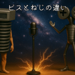 ビスとねじの違いを解説する記事のアイキャッチ。ボルたんとミックスねじ男が宇宙を背景に、DIY初心者へ特徴と使い分けを紹介している。