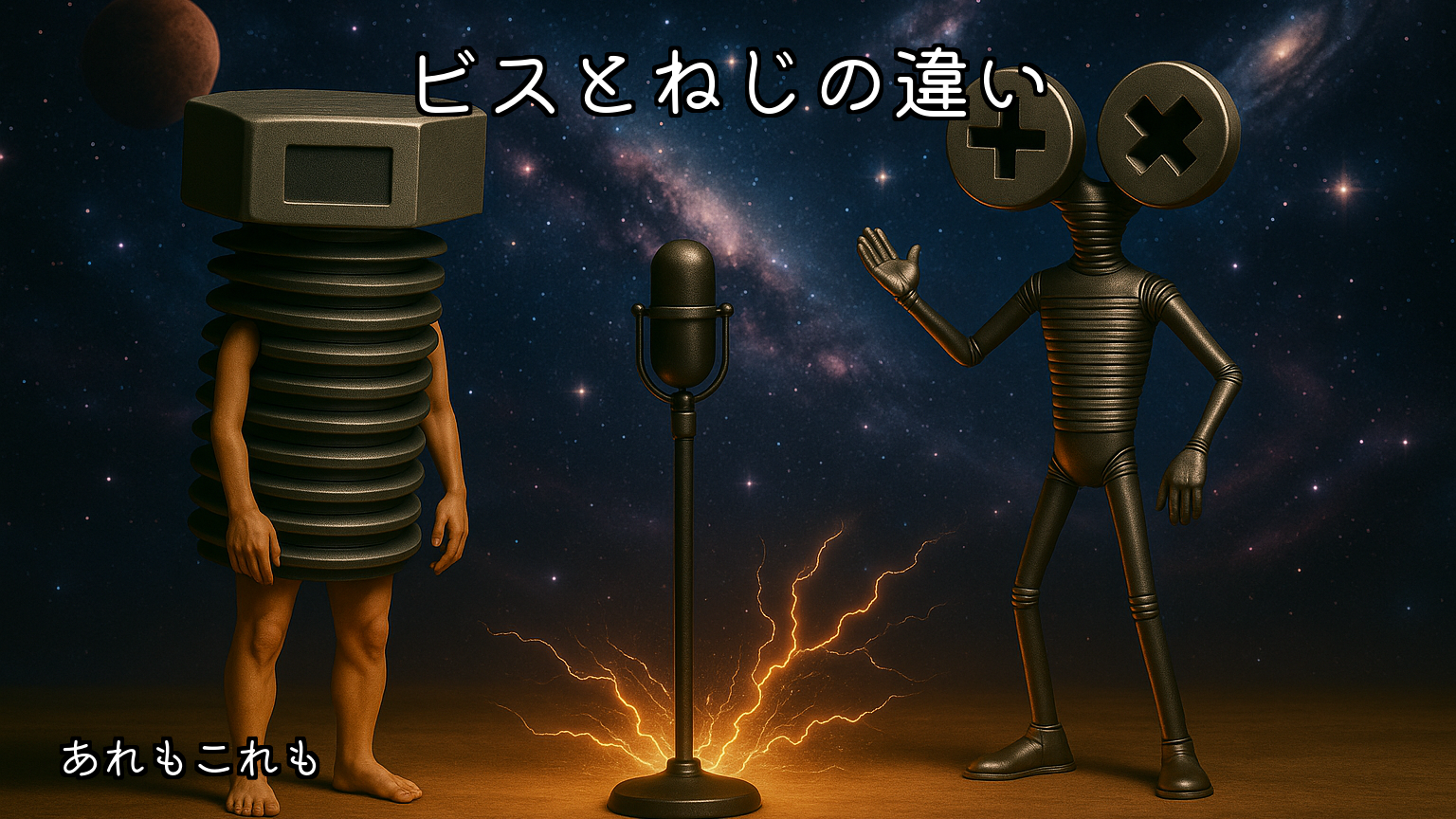 ビスとねじの違いを解説する記事のアイキャッチ。ボルたんとミックスねじ男が宇宙を背景に、DIY初心者へ特徴と使い分けを紹介している。