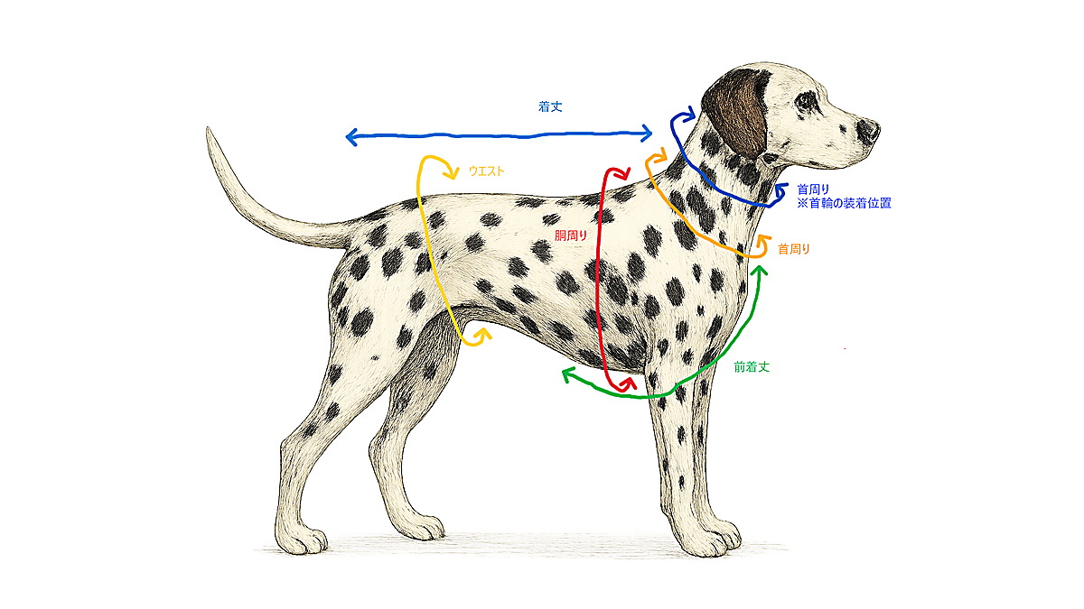 犬のウエストの測り方:立位で肋骨の後ろを水平に一周(余裕分は足さない実測値)