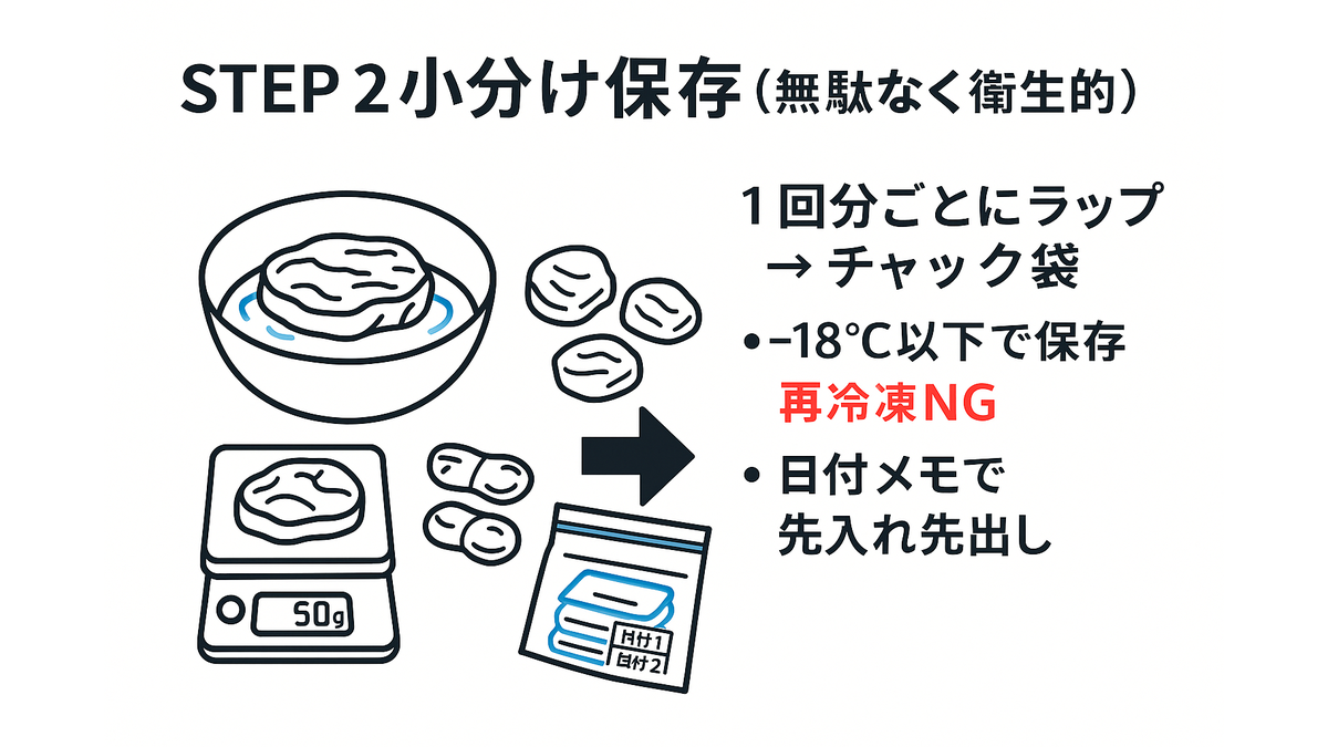 馬肉を1回分ずつ小分けしチャック袋で冷凍保存(−18℃・再冷凍NG)