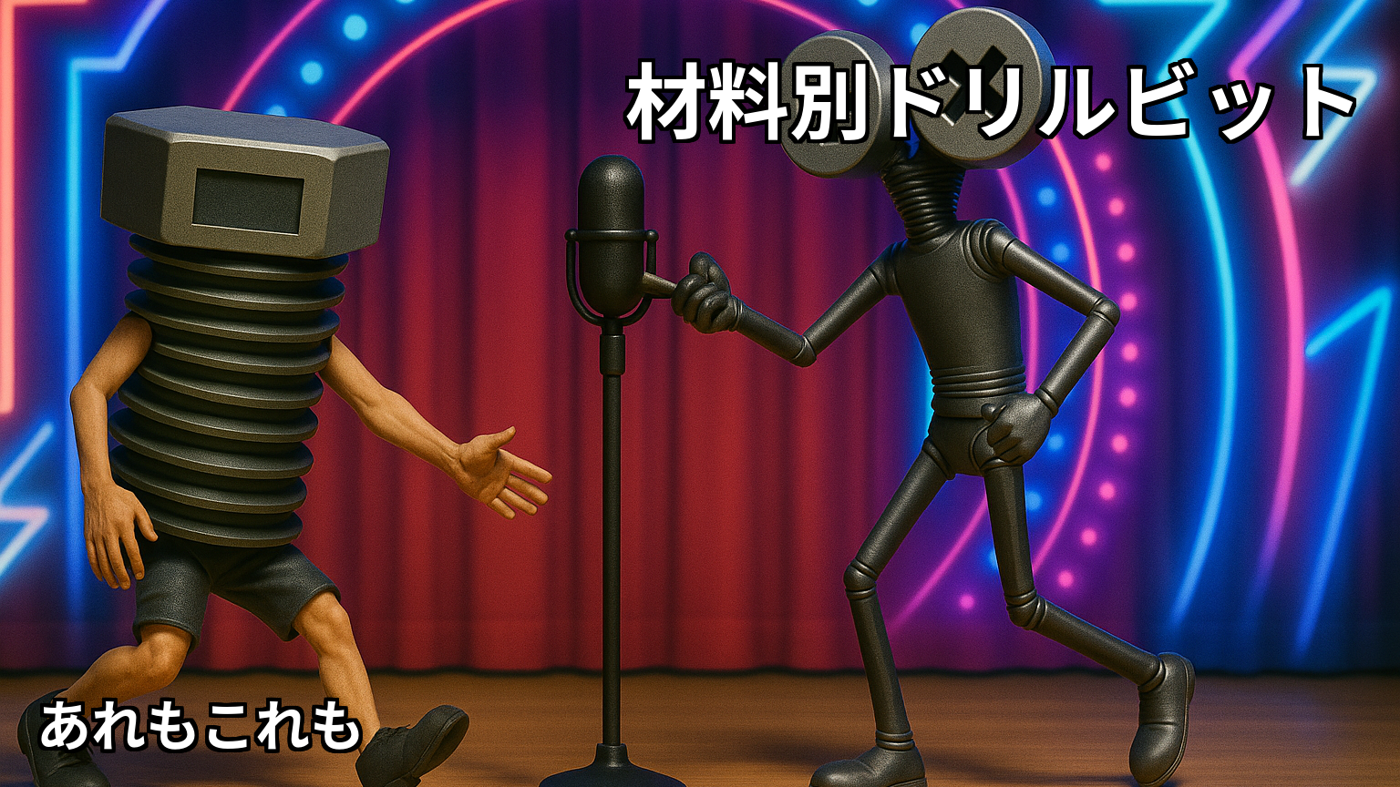 材料別ドリルビットを解説する記事のアイキャッチ。ボルたんとミックスねじ男がステージでDIY初心者に種類と使い分けを紹介している。