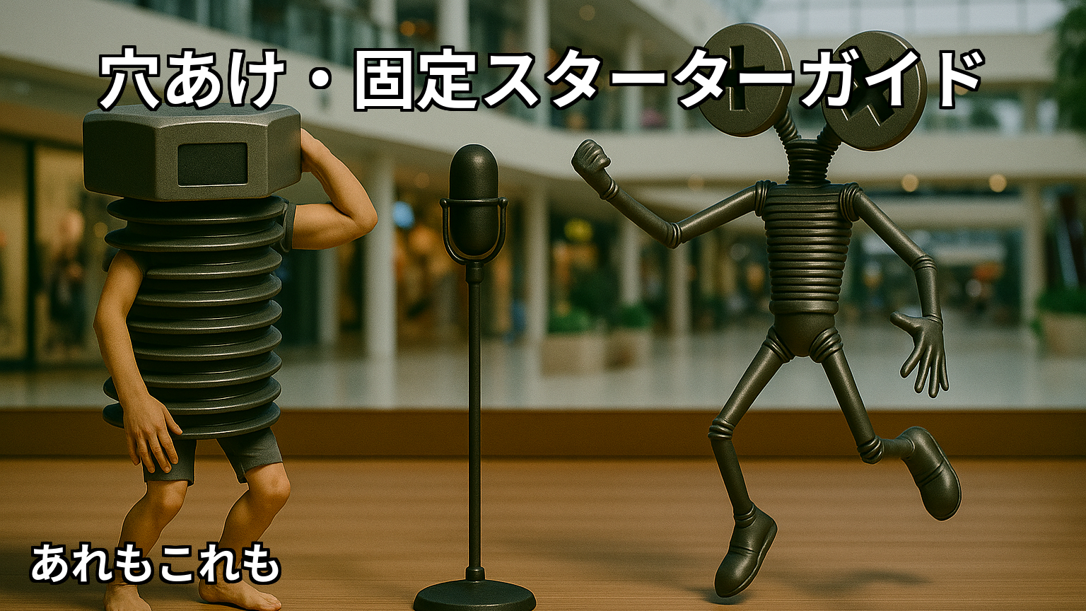 穴あけ・固定の基本を解説する記事のアイキャッチ。ボルたんとミックスねじ男がステージでDIY初心者に手順とコツを紹介している。
