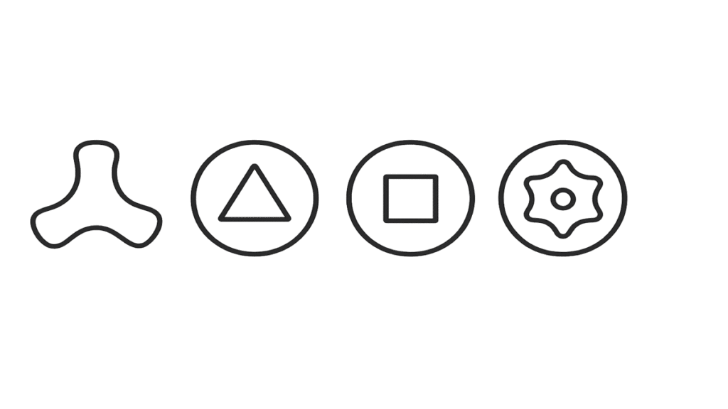 AI生成画像:いたずら防止ねじ用の特殊ビット形状を示した図。三角形・四角形・Y字・星形などの断面形状が並んでいる。