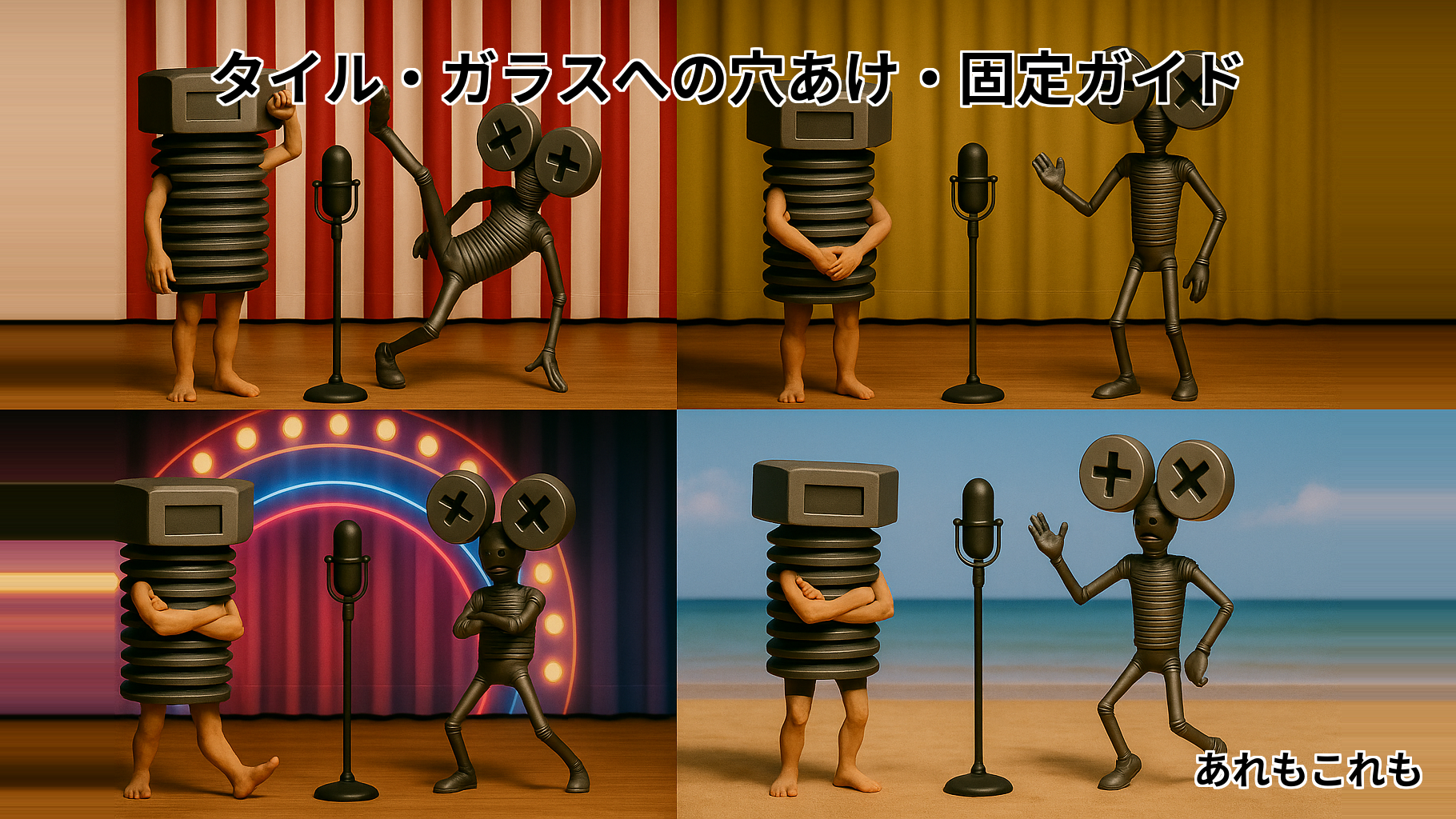 タイルやガラスへの穴あけ・固定方法を解説する記事のアイキャッチ画像。オリジナルキャラクターのボルたんとミックスねじ男が登場し、DIY初心者向けに楽しく説明している。