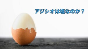 殻を途中まで割った半熟ゆで卵の写真(アジシオは塩なのか?という文字入り)