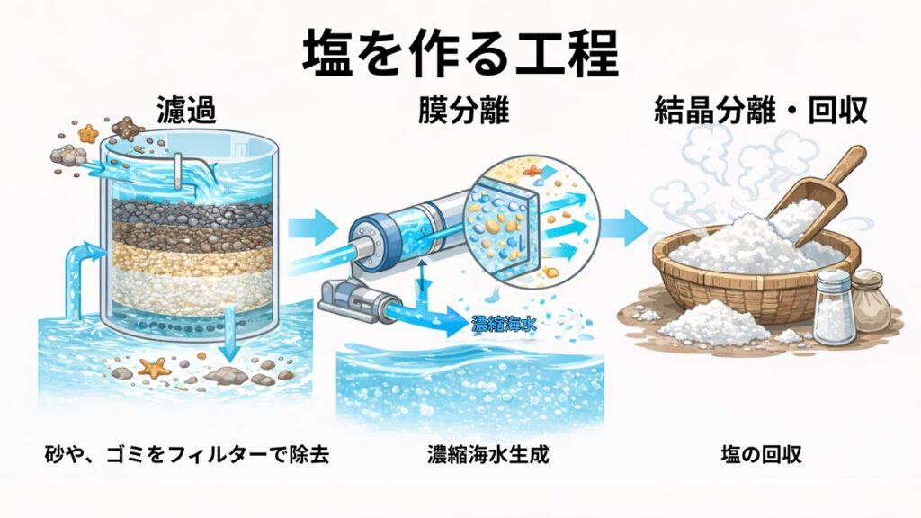 海水をろ過・膜分離・結晶化して塩を回収する精製工程の図解イメージ
