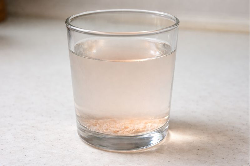 ピンク塩がコップの中で水に溶けた画像