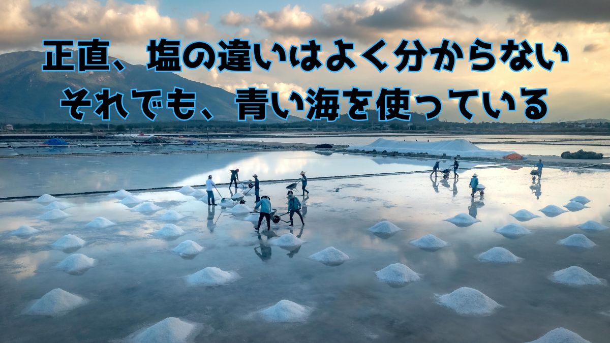 塩田で塩を採取する風景の写真（正直、塩の違いはよく分からない それでも、青い海を使っている）