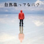 自然塩とは何かを問いかけるイメージ画像（鏡のような水面に立つ人物の後ろ姿）