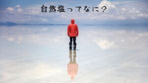自然塩とは何かを問いかけるイメージ画像(鏡のような水面に立つ人物の後ろ姿)
